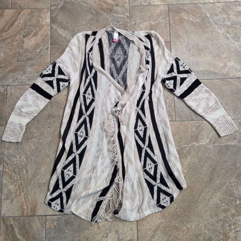 No Boundaries Women XL Black Ivory‎ Tribal Geometric Fringe Open Cardigan Boho